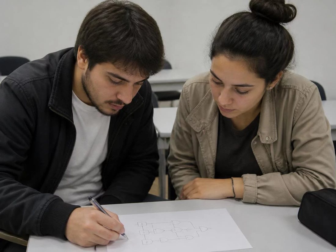 Duas pessoas relendo anotações num tablet apoiado numa mesa de madeira
